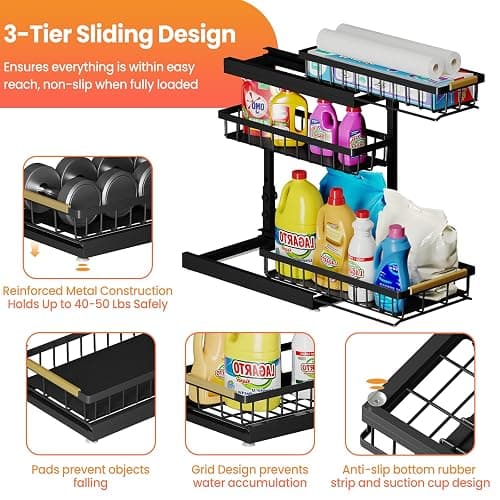 Under Sink Organizer and Storage for Bathroom and Kitchen - 2 Pack 3 Tier | Under Cabinet Pull Out Shelf Organizers - Slide Out Drawer Organization for Home Cabinets Shelves and Drawers thumbnail 5