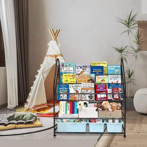 aboxoo Metal Kids Bookshelf Black Large Freestanding for Children Room 32 in Toy Organizer Large Stable Bookcase Bookstore Library Book Unit Storage Kids Bed Living Room thumbnail 8