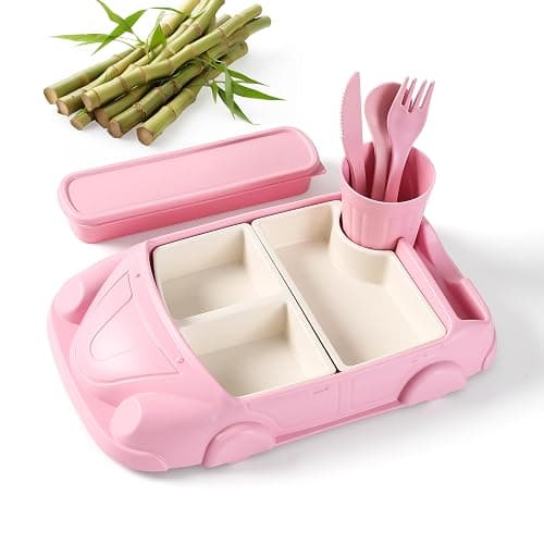 Kids garden Car Plate 8Pcs/Set Bamboo Children Dinnerware Sets - Dishwasher/Microwave Safe Includes Cutlery, Beautiful Plate, Separable Bowls & Cup Happy MealTime, Pink - Image 1