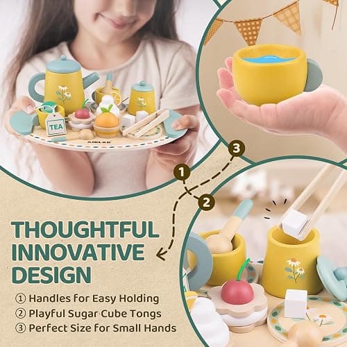 Airlab Tea Sets for Toddlers 3-5 Girl Birthday Gift 2 Year Old Princess Party Wooden Play Food Toy Sets for Kids Kitchen Accessories Age 3 4 5 6 Wood Educational Toys thumbnail 3