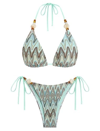 ZAFUL Women's Bikini Sets Beads Triangle Swimsuits 2 Piece String High Cut Cheeky Bathing Suits - Image 1