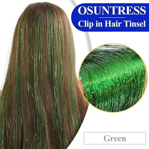 OSUNTRESS Green Hair Tinsel Clip In Accessories for Women 480 Strands 6Pcs | 20-22 Inch Fairy Clip On Hair Tinsel Kit Glitter Heat Resistant Straight Colored Extensions for USA Girl Festival Party Beach thumbnail 2