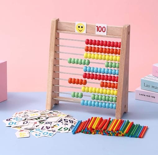Cltoyvers Wooden Abacus for Kids - 100 Counting Sticks and Number Toys Cards 1-100, Educational Math Games for Preschool and Elementary School 1st 2nd Grade thumbnail 2
