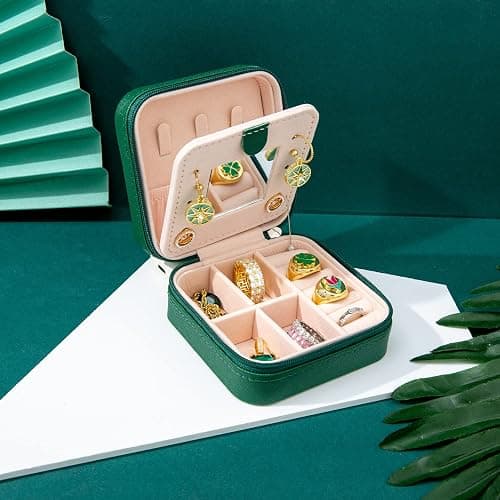KElofoN Travel jewelry case Travel jewelry box Travel Jewelry Organizer Small box Gift for Girls Women with Mirror(Green) thumbnail 6