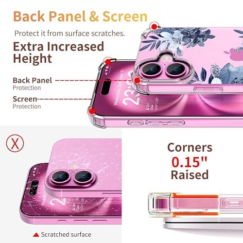 ilnehc for iPhone 16 Case,[3 in 1] with Screen Protector & Camera Lens Protector, Flower Pattern Design,Clear Soft Shockproof Slim Floral Phone Cover for Women Girls 2024 6.1"(Flower/Ink Painting) thumbnail 4