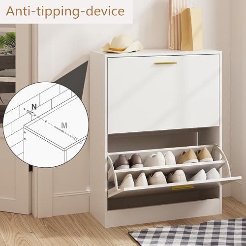 LYNSOM Shoe Cabinet, Free Standing Tipping Bucket Shoe Rack Organizer with 2 Flip Drawers, Modern Entryway Shoe Storage with Top Display, Narrow Slim Hidden Shoe Cabinet (White) thumbnail 7