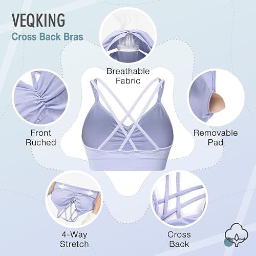 VEQKING Ruched Sports Bras for Women Large Bust, Seamless Padded Strappy Medium Support Yoga Bra, 3 Pack thumbnail 6