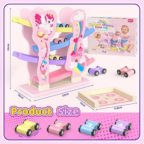 Toyzey Wooden Toys Cars Ramp Race Tracks, Unicorn Gifts for Girls Age 1 2 3 Year Olds Girl for 1 2 3 Year Olds Toddler Toy Age 1 2 Montessori Toys for 1 Year Old Birthday Gifts Baby Toy Pink thumbnail 2