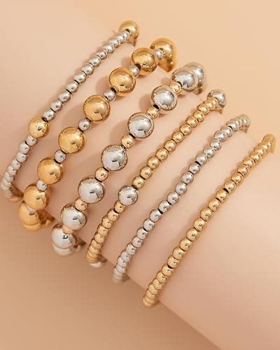 LANWLOSI 6 Pcs Two Tone Bracelets for Women Stackable Gold and Silver Beaded Bracelets Trendy Mixed Metal Beads Brace-lets Wedding Party Prom Daily Jewelry Gifts thumbnail 5