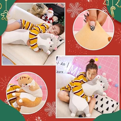 SHINUOER Cute Cat Plush Long Body Pillow – Soft Cartoon Stuffed Animal Doll, Kawaii Cat Plushie Cuddle Toy Gift for Kids, Girls & Girlfriend (Pink, 19.7 Inch) thumbnail 6