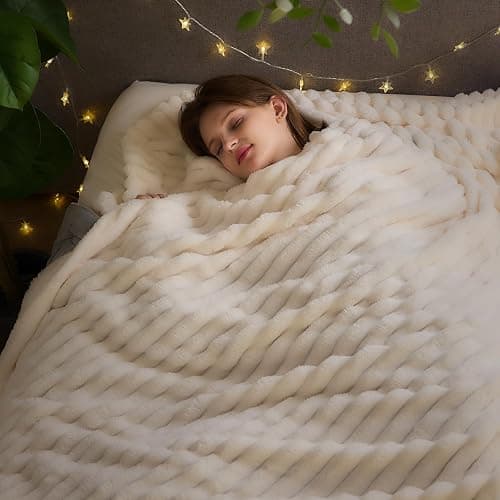 Super Soft Queen Blanket Ivory Premium Silky Flannel Fleece 3D Ribbed Jacquard Lightweight Bed Blanket All Season Use (Ivory Ribbed, Queen(90"x90")) thumbnail 3