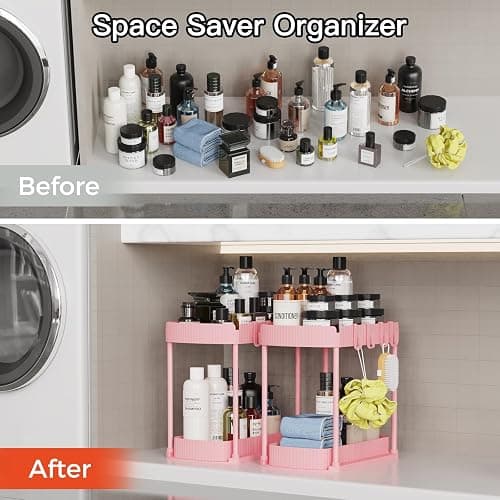 2 Packs Under Sink Pull-Out Storage Organizers, 12.8 Inches, Pink | Multi-Purpose Cabinet Organizers and Storage for Bathroom & Kitchen thumbnail 5