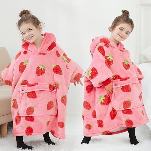 KFUBUO Wearable Blanket Hoodie for Kids Toddlers Sherpa Blanket Sweatshirt With Pocket Cute Hoodies 2-6 Year Old Girl Birthday Gifts Strawberry thumbnail 4