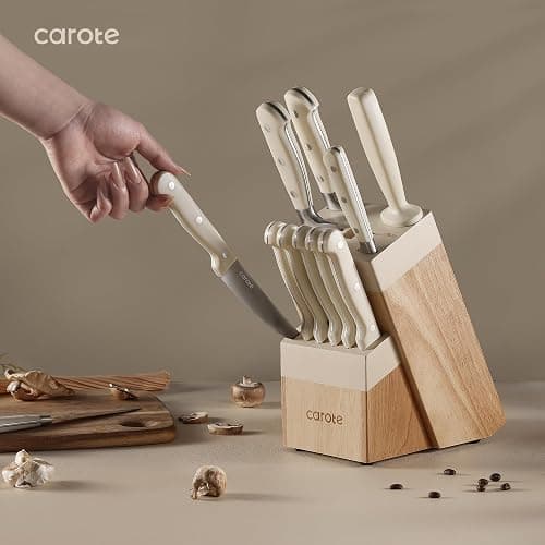 CAROTE 14 Pieces Knife Set with Block, Forged, High Carbon Stainless Steel Sharp Blade Block Knife Set, Dishwasher Safe Cutlery, Cream thumbnail 2