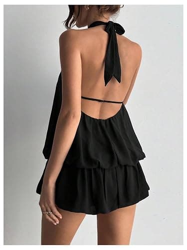 Floerns Women's Y2k Summer Halter Dress Tie Open Back Sleeveless Ruffle Hem Bubble Going Out Mini Dresses thumbnail 2