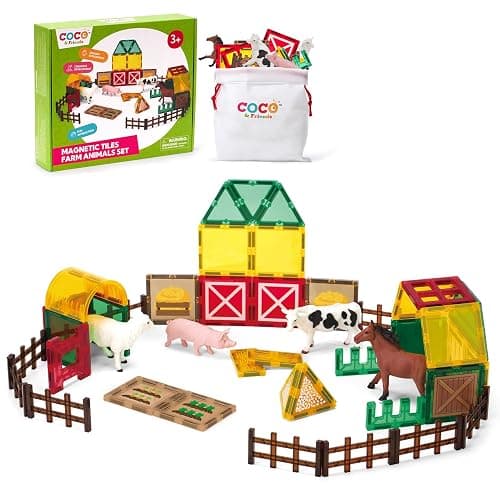 COCO&Friends Magnetic Tiles Farm Animals for Toddlers Kids Ages 3-8 - 45 PCS Magnetic Blocks with Fence Building Toys for 3 Year Old Girl Boy Birthday Gift - Montessori Educational Magnet Toys - Image 1