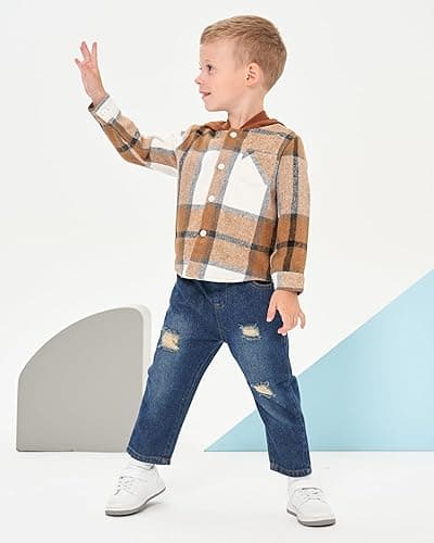 Renotemy Toddler Baby Boy Clothes Denim Outfits Infant Hooded Sweatshirt Jeans Pants Little Boys Clothing - Coffeeplaid - 2-3T thumbnail 3