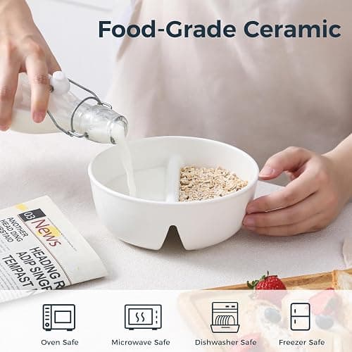 LUFILUFI Anti-Soggy Cereal Bowl Set of 2, 6.7 Inch Divided Ceramic Bowls for Cereal and Milk, Chip and Dip Bowl, Soup and Sandwich Plate Combo, Stackable Snack Serving Bowl for Kids Adults, White thumbnail 3
