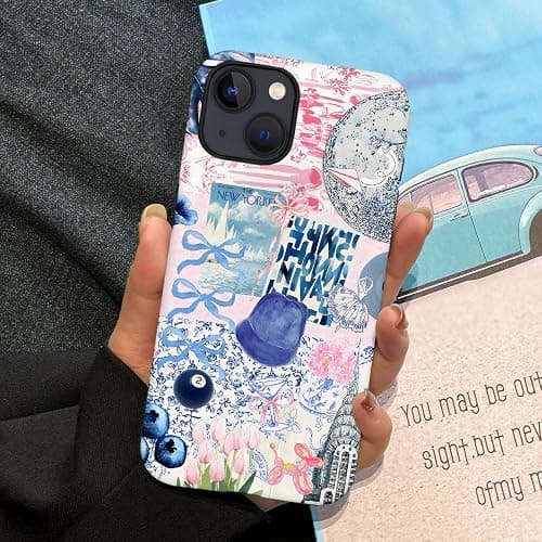 Generic Case Compatible with iPhone 14,Scratch Resistant Hybrid 2-Layer Hard Shell Phone Case,Ball Blue Bow Flower Collage Aesthetic - Ball Blue Bow Flower Collage Aesthetic - iPhone 14 thumbnail 5