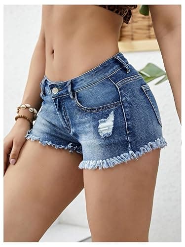 WDIRARA Women's Low Rise Ripped Denim Shorts Distressed Raw Hem Stretchy Jean Shorts thumbnail 3