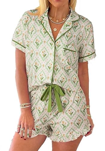 KevaMolly Womens Christmas Lounge Sets Candy Cane Print Pocketed Knotted PJ Set Short Sleeve Xmas Top and Shorts - Image 1