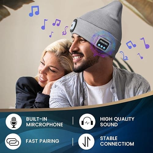 VIBELITE Bluetooth Beanie Hat with Light, USB Rechargeable LED Headlamp with Wireless Headphones, Christmas Gifts Stocking Stuffers for Men, Teen Boys, Him, Husband, Boyfriend, Grey thumbnail 2