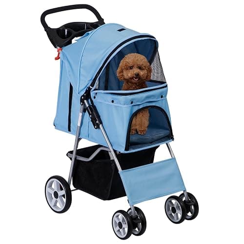 ZENY Foldable Pet Stroller, Cat/Dog Stroller with 4 Wheel, Pet Travel Carrier Strolling Cart with Storage Basket, Cup Holder (Blue) thumbnail 9