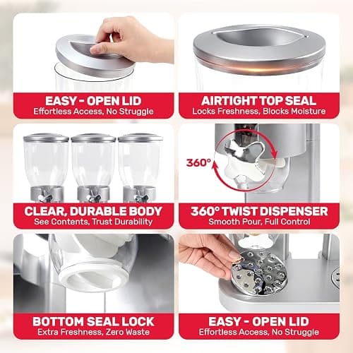 Adorabby Triple Cereal Dispenser - 3 Pack 2L Large Cereal Containers Storage Airtight, Rotating Plastic Cereal Dispenser for Countertop, Pantry Organizer for Cereal, Rice, Grains, Candy, Coffee Beans thumbnail 6