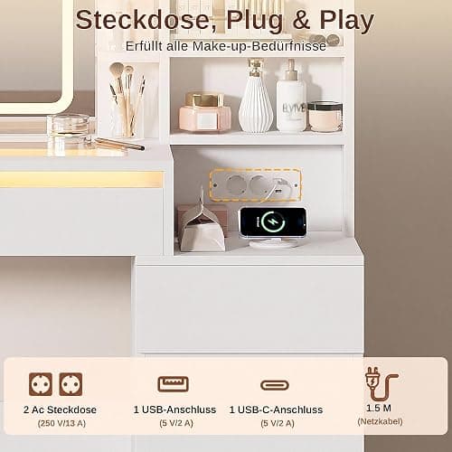 IRONCK Schminktisch mit LED-Beleuchtung, Glasplatte, Hocker & Steckdose | Schminktisch mit Spiegel, 5 Schubladen, offene Fächer, verstellbare Ablagen, 2 AC, USB-A & USB-C Anschluss, Weiß thumbnail 4