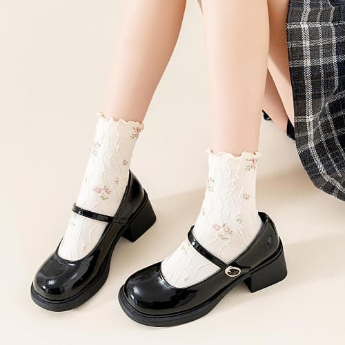 bropapa Womens Ruffle Crew Socks Vintage Patterned Ankle Casual Fashion Dress Sock Cute Lettuce Floral Socks 5/6 Pack thumbnail 3