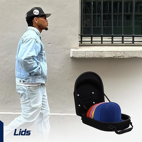 Lids Hat Travel Case – Baseball Cap Carrier for 6 Hats, Durable Black Exterior with Light Blue Interior, Storage with Handle & Adjustable Shoulder Strap, Hard Hat Organizer for Travel & Closet thumbnail 2