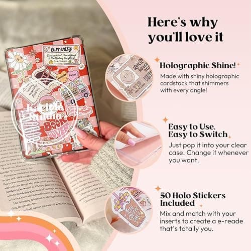 Kaciola 12PCS Inserts Cardstock and 4PCS Charms for E-reader with 50PCS Stickers for Insert, 6.2"x4.3" Bookish Warm Theme Back Cover Accessories for E-Reader Basic, Gifts for Booklovers thumbnail 5