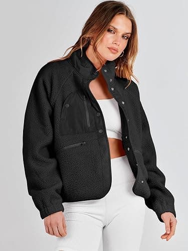 ANRABESS Womens Fuzzy Fleece Jacket Fall Casual Long Sleeve Cropped Sherpa Button Down Shacket Coats Outwear With Pockets thumbnail 8