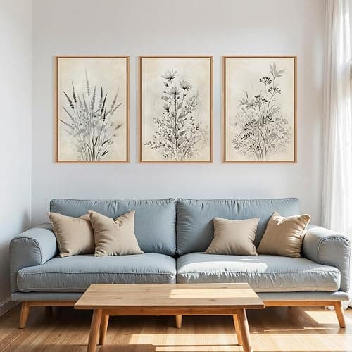 BICERE Large Neutral Flower Botanical Framed Canvas Wall Art,Boho Wildflowers Ink Wall Decor,Vintage Bouquet Wall Painting,Nature Artwork for Living Room,Bedroom,Dining Room,Office -16"x24"x3 - Neutral Botanical Wall Art - 16''x24''x3 thumbnail 2