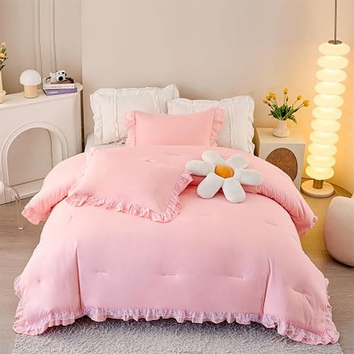 MOOWOO Chic Ruffle Lace Comforter Set -Girl Pink Bedding-2 Piece Twin Bed Quilt -Aesthetic Bedding,Ultra Soft and Durable,Fluffy Bed Comforter Sets for All Season thumbnail 8