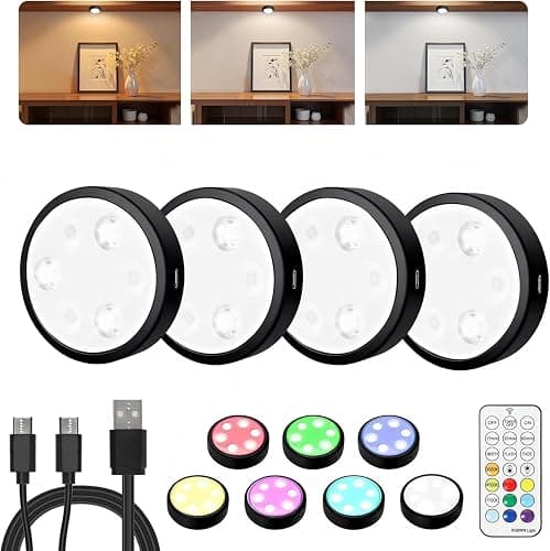 HOLKPOILOT Puck Lights with Remote, 2000mAh Battery Operated Rechargeable Under Cabinet Lighting, 3 Color Temps & 7 RGB Colors, Magnetic Closet Light, Black Wireless Puck Light for Kitchen, Shelf. - Image 1