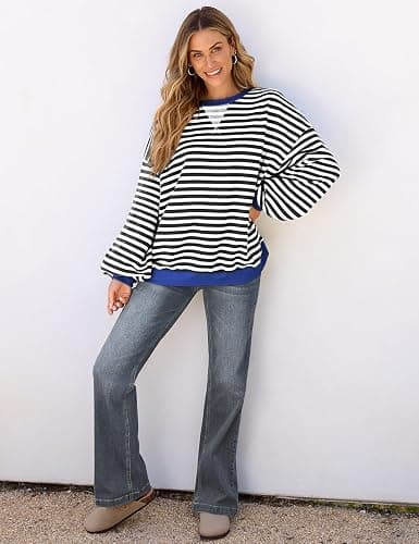 UEU Women Oversized Striped Crewneck Sweatshirt Long Sleeve Color Block Pullover Tops Casual Loose Workout Shirt thumbnail 3