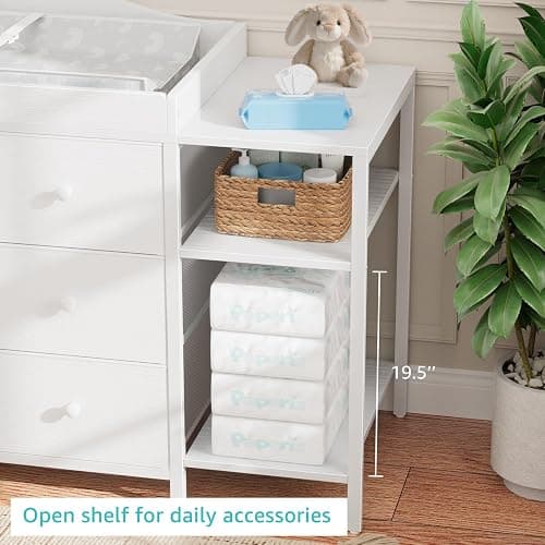 BOLUO Baby Dresser with Changing Table Top, White Changing Table Dresser with 6 Fabric Drawers Diaper Changing Station with Storage Shelf for Nursery Modern thumbnail 7