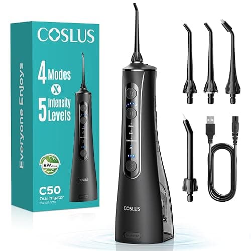 COSLUS Portable Water Flosser for Teeth: 4 Modes & 5 Intensity Levels Professional Electric Dental Pick for Sensitive Gums, Braces & Orthodontic - Cordless for Travel Use, for Adults, BPA-Free, Black - Image 1