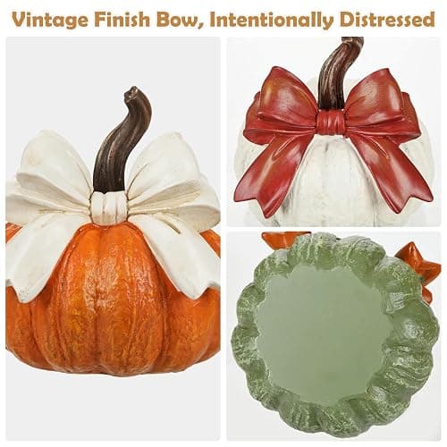 Set of 3 Fall Decorations for Home, Artificial Resin Pumpkin with Bow Decor | Fall Harvest Decorative Rustic Pumpkins Statues Indoor Outdoor Halloween Table Centerpiece Thanksgiving Home Decor thumbnail 5