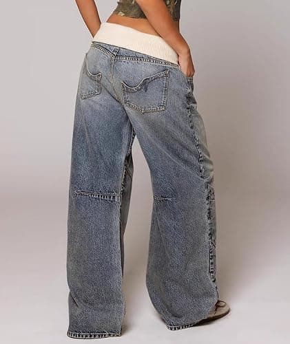 Raboolion Women's Y2K Low Waist Baggy Cargo Denim Pants Loose Fit Patchwork Wide Leg Streetwear Vintage Boyfriend Jeans thumbnail 5