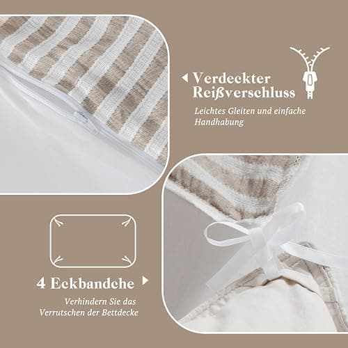 SOULFUL Bettwäsche 220x240 Baumwolle Gestreift, Jacquard Gewaschene Baumwolle Boho Bettwäsche-Sets Ästhetisches Kontrastdesign mit Reißverschluss-Braun thumbnail 5