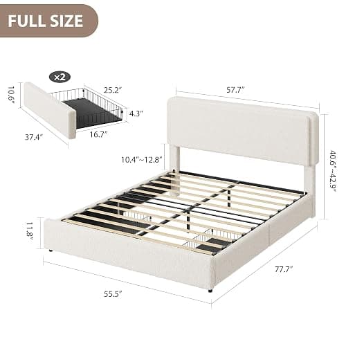Garvee Full Size Teddy Fleece Bed Frame, Upholstered Platform Bed with 2 Storage Drawers, Height Adjustable Cloud Headboard, Thick Soft Teddy Fabric Bed, Modern Style, No Box Spring Required, Cream thumbnail 2