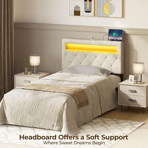 GREENSTELL Headboard for Twin Size Bed with 60,000 DIY Color of LED Light, USB & Type C Post, Attach Frame, Height Adjustable, White Leather Wall Mounted Head Boards Only, Sturdy & Stable, Twin thumbnail 2