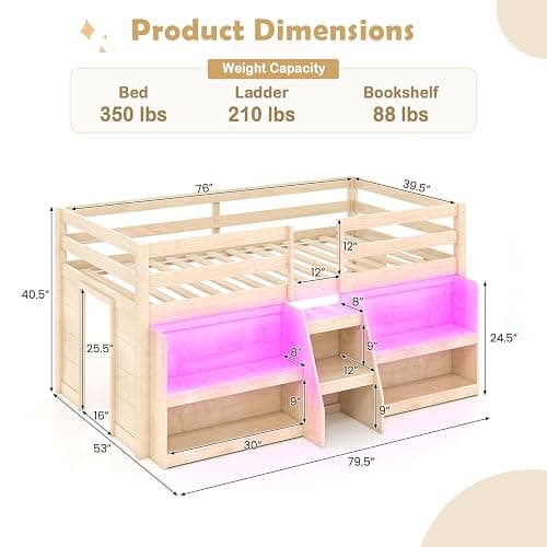 KOTEK Low Loft Bed with LED Lights, Twin Loft Bed with Storage Bookcase & Under-Bed Play Space, Stairs & Guardrails, Loft Bed Frame for Kids (Natural) thumbnail 2