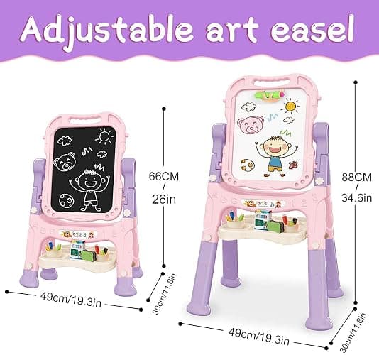 Mojitodon Art Easel for Kids, Adjustable Standing Rotatable Double Sided Easel with Painting Accessories for Toddlers Boys and Girls-Pink thumbnail 2