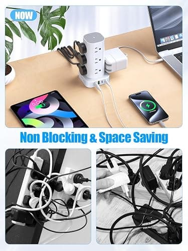 Tower Power Strips with Surge Protection, 6FT Flat Extension Cord with Multiple Outlets, 12 AC 4 USB Ports, Overload Protection Charging Station for Office Home Dorm Room Travel (White) thumbnail 7