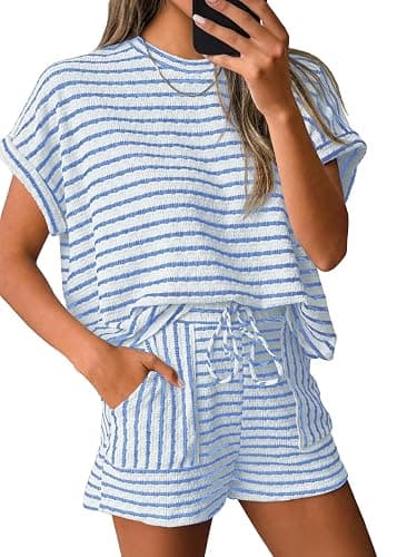 Tankaneo Womens Striped Summer 2 Piece Short Sets | Short Sleeve T Shirts, Drawstring Shorts, Casual Outfits, Lounge Pajama Sets - Image 1