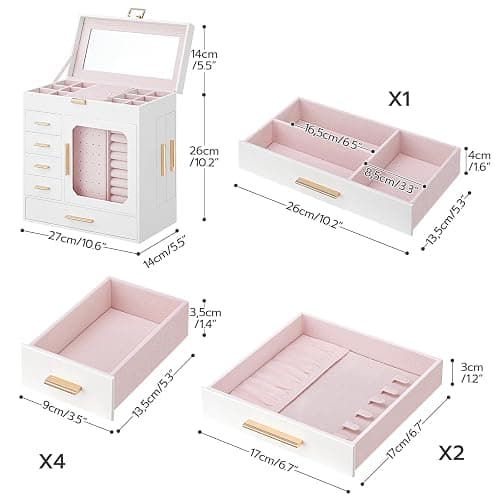 HOOBRO Jewelry Box with Mirror, Jewelry Organizer Box with Capacious Storage Space, Jewelry Holder Organizer, Hand-Held Jewelry Case, Gift for Loved Ones, Modern Style, White and Light Gold WT06JB04G1 thumbnail 3