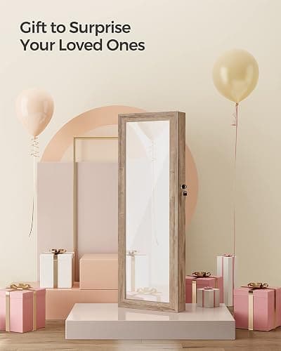 SONGMICS 6 LEDs Mirror Jewelry Cabinet, 47.2-Inch Tall Lockable Wall or Door Mounted Jewelry Armoire Organizer with Mirror, 2 Drawers, Christmas Gift, 3.9 x 14.6 x 47.2 Inches, Toasted Oak Color thumbnail 9